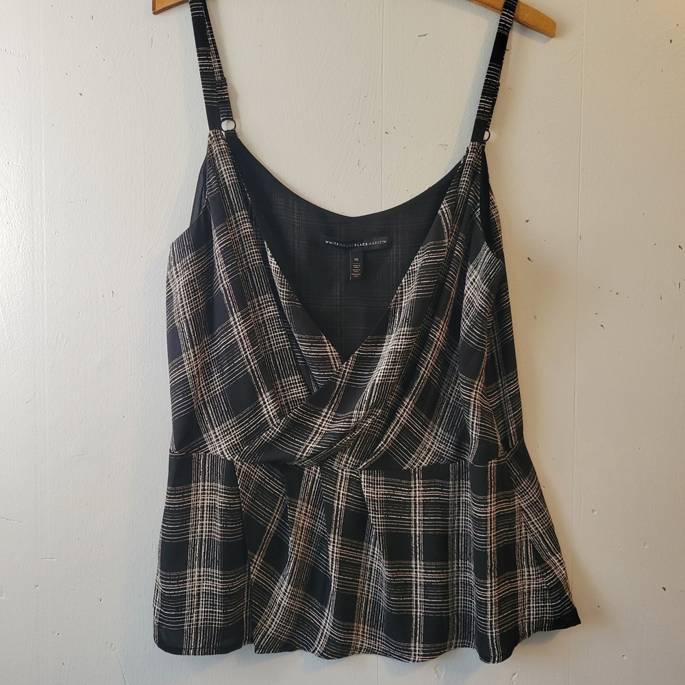 White House Black‎ Market Plaid Peplum Cami Top Black Pink Surplice Sz 10 Preppy